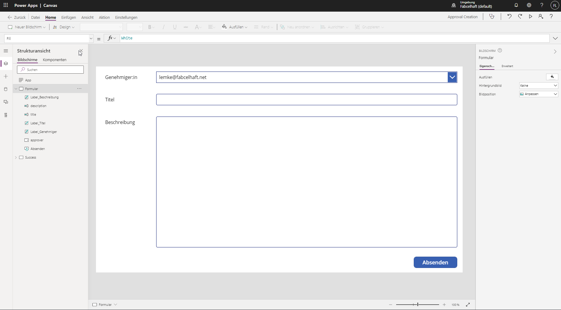 Erstellungsansicht in PowerApps-Editor